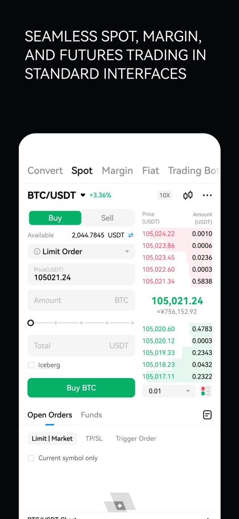 Interfaz de la aplicación móvil de HTX que muestra el trading spot de BTC a USDT con el libro de órdenes y campos de órdenes limitadas