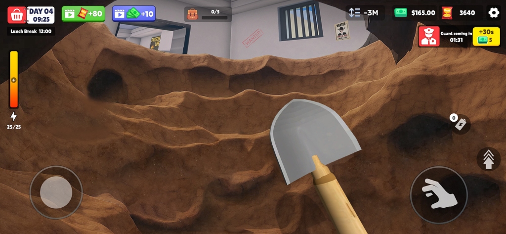 Excaper: Prison Escape - Vista en primera persona de un jugador cavando un túnel subterráneo con una pala en el juego móvil Excaper Prison Escape.