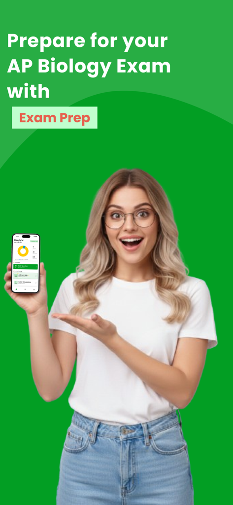 AP Biology Exam Prep Pro - A happy high school student holding a smartphone displaying the AP Biology Exam Prep Pro app.