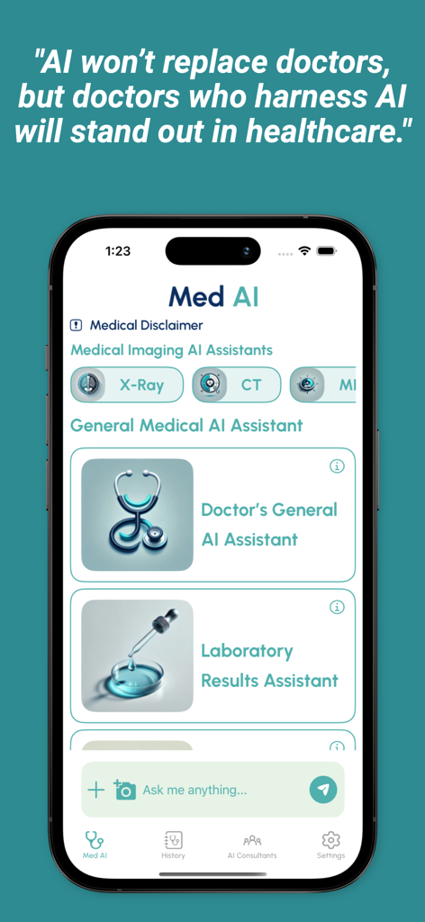 MedAI: Pro AI Doctor Assistant - MedAI app home screen showing AI assistants for medical imaging like X-ray and CT, as well as general medical and laboratory assistants.