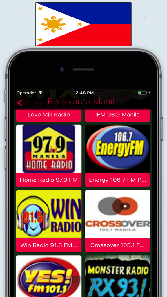 Radio Philippines FM / Live Radyo Stations Online - Smartphone screen showing a grid of Manila radio stations like Home Radio and Energy FM under the Philippine flag