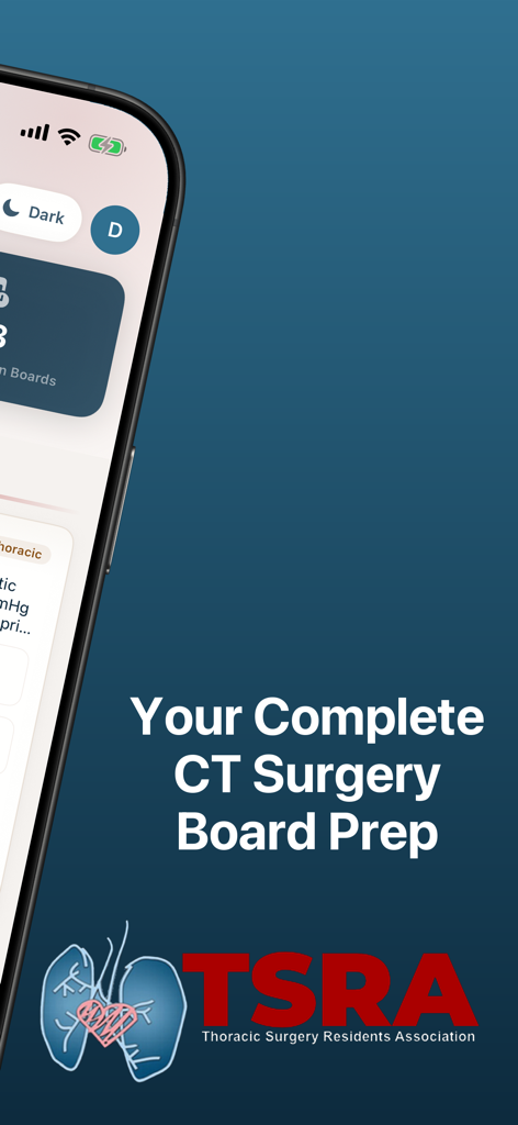 TSRA app splash screen showing the Thoracic Surgery Residents Association logo and CT surgery board prep text