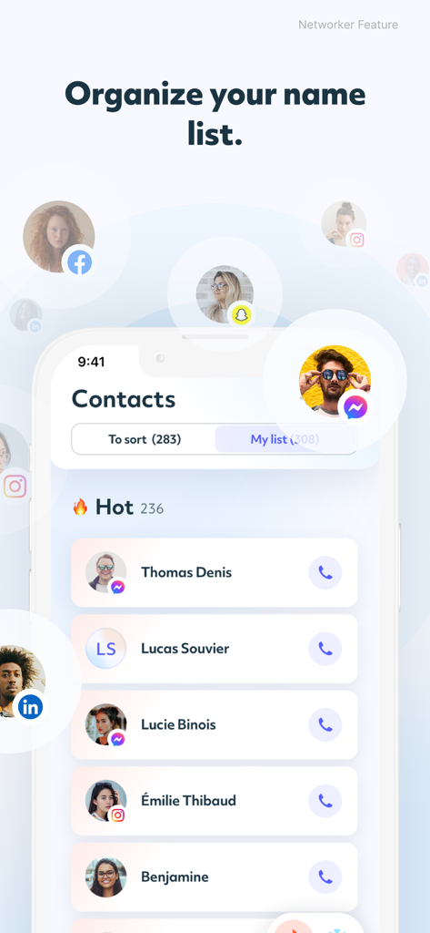 Interfaz de la aplicación WO mlm que muestra una lista de contactos ordenada por prospectos 'calientes' para network marketing