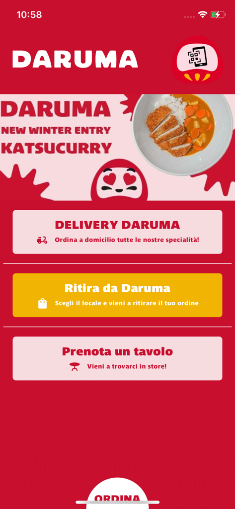 Daruma - Home screen of the Daruma sushi app showing options for delivery, takeaway, and table reservations