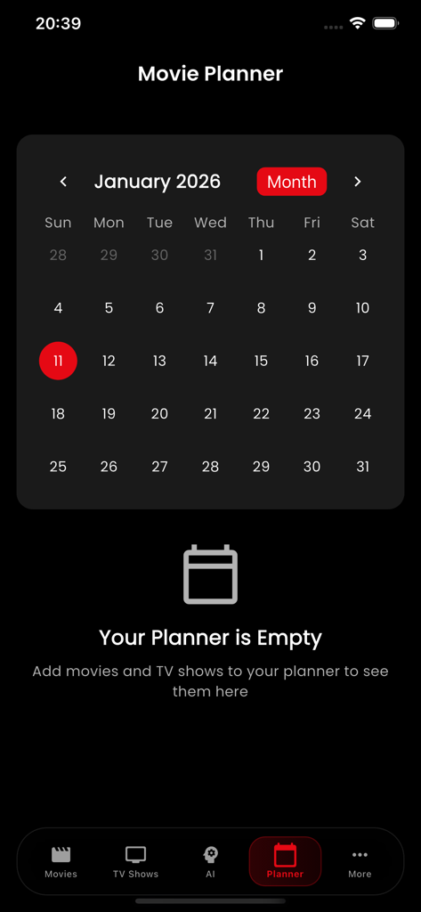 Netmirror movie planner screen with a calendar interface in dark mode