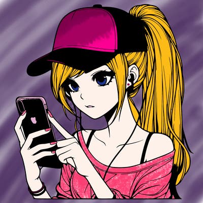realistic girl with a long ponytail and trucker hat holding an iphone
