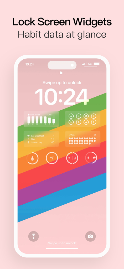 Habit Tracker app widgets on an iPhone lock screen showing daily goals and progress.