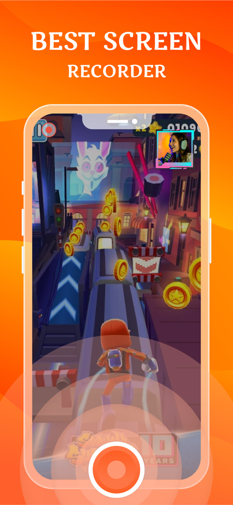 Screen Recorder for iPhone HD - iPhone Screen Recorder-Oberfläche mit mobilem Gameplay und einem Face Cam-Reaktions-Overlay.