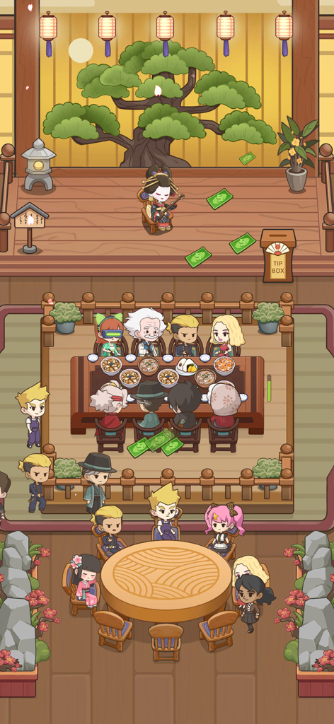 A busy Japanese restaurant interior with customers dining and a traditional musician performing in My Sushi Story.