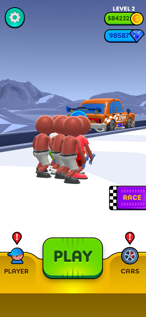 Driver's Journey - Menu principal do jogo mobile Drivers Journey com um carro de corrida laranja