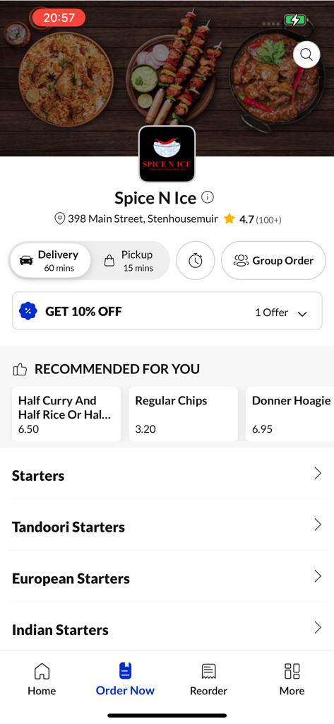 Spice N Ice - Larbart - Interfaz de la aplicación Spice N Ice mostrando categorías de comida y ofertas actuales