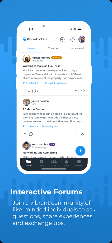 BiggerPockets mobile app interface showing real estate investing forum posts and community discussion