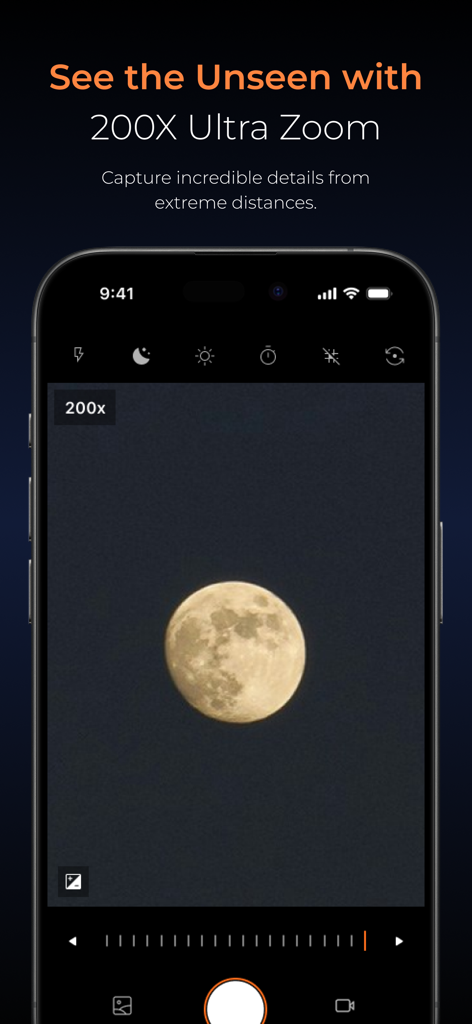 Smartphone screenshot of UltraCam app capturing the moon at 200x zoom