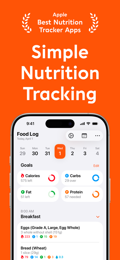 Foodnoms app dashboard showing daily food log and nutrition goals for calories and macros
