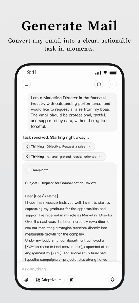 AI Agent - Super AI Assistant - A smartphone screen showing the AI Agent app generating a professional email for a salary raise request.