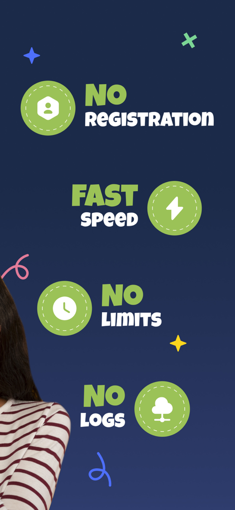 VPN Indonesia - Turbo Private - Graphic showing VPN Indonesia app features including no registration fast speed no limits and no logs policy