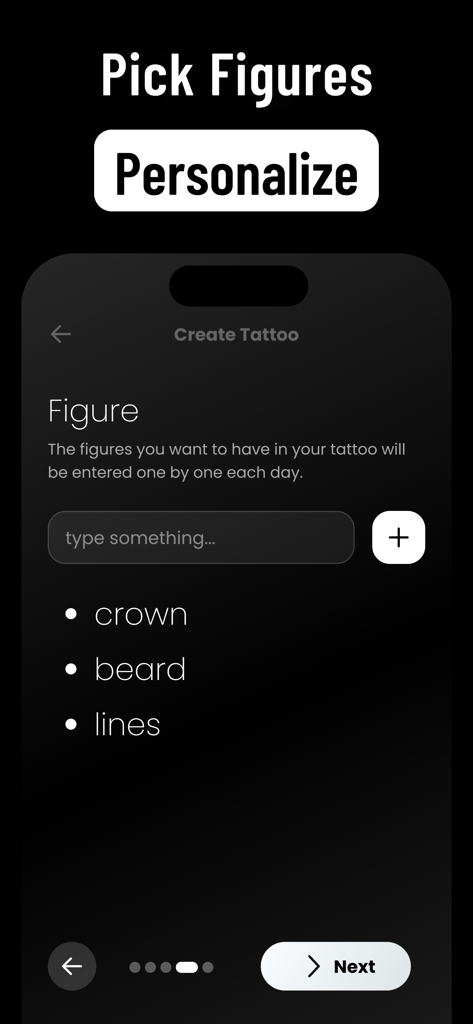 Tattoo AI Design Creator: Traz - Traz AIタトゥーデザインクリエイターアプリのパーソナライゼーション画面で、カスタムタトゥーの図形を選択。