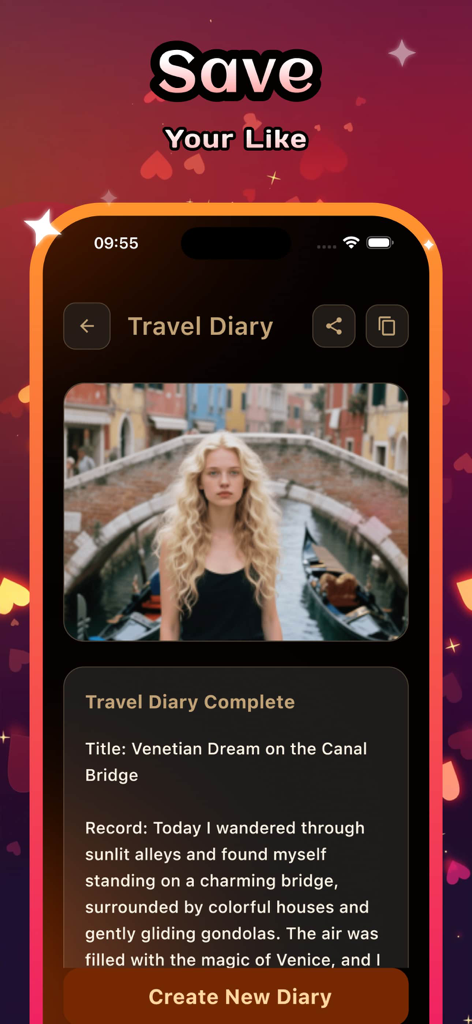 Meci - Meci app interface showing a completed travel diary entry with a photo of a bridge in Venice and AI-generated descriptive text.