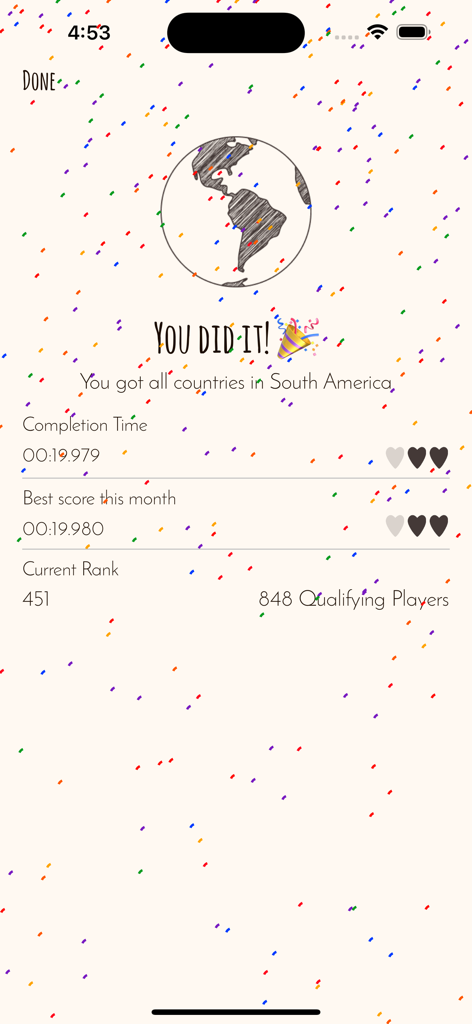 Ergebnisbildschirm für Map-Quiz zeigt die Abschlusszeit und das Ranking für südamerikanische Länder.