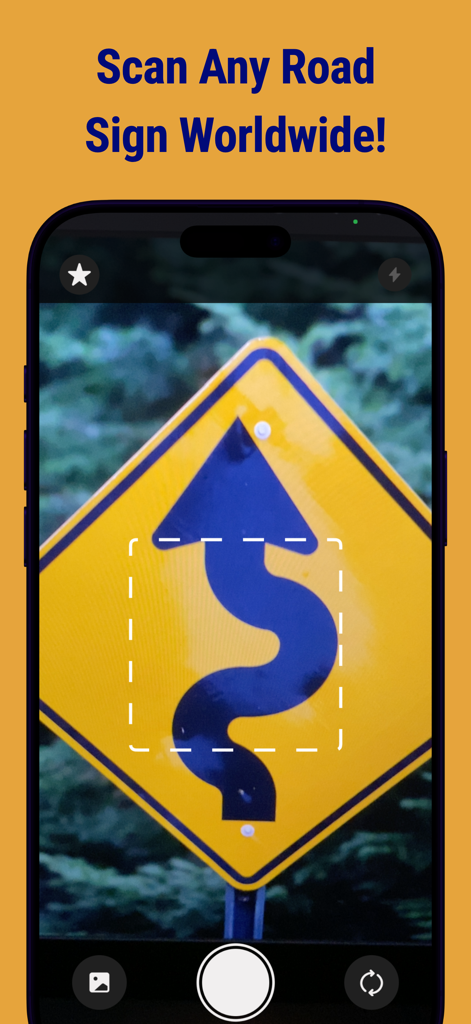 Road Signs AI Scanner app interface scanning a yellow winding road sign.