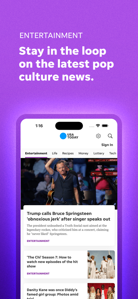 USA TODAY: US & Breaking News - USA TODAYアプリのエンターテイメントカテゴリを表示するインターフェイス。ポップカルチャーのニュース記事が掲載されています。