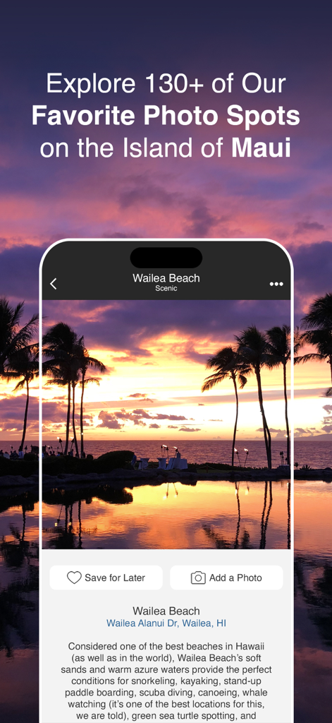 마우이 여행 가이드 앱이 일몰 시 와일레아 해변(Wailea Beach) 사진 촬영 명소를 보여줍니다.
