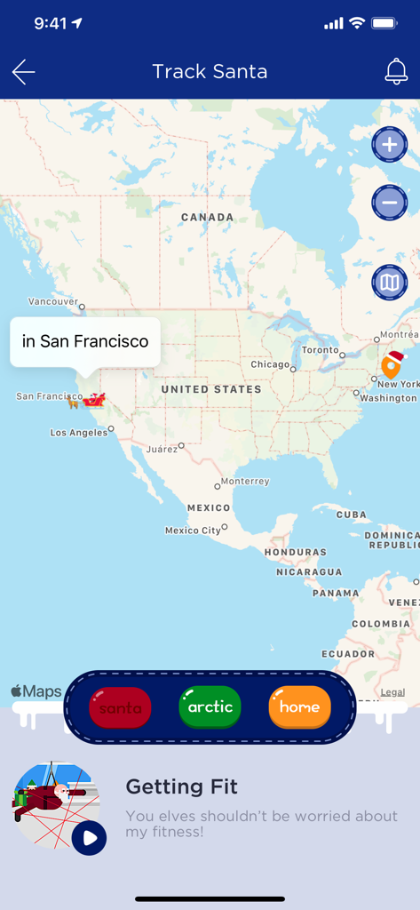 A map interface of the Santa Tracker app showing Santa Claus located in San Francisco.