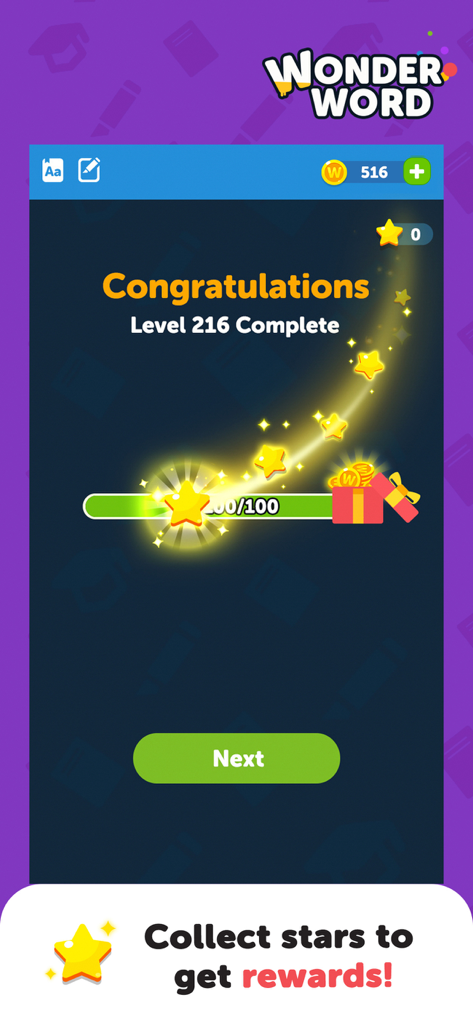 Wonder Word: Word Search Games - Una pantalla de felicitación en la aplicación Wonder Word que muestra el nivel 216 completado y recompensas por recolectar estrellas.
