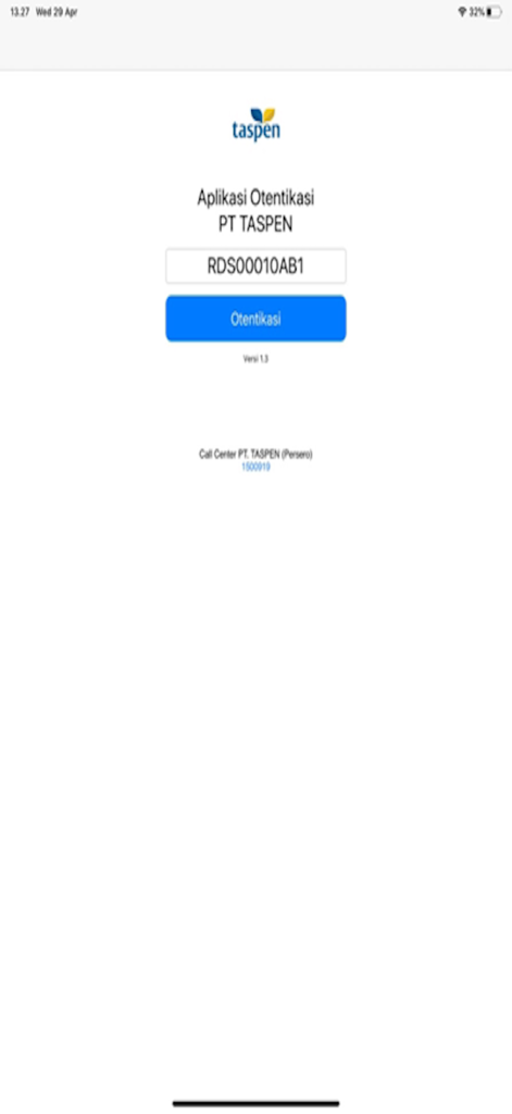 Authentication screen of the Taspen Otentikasi app for pensioners