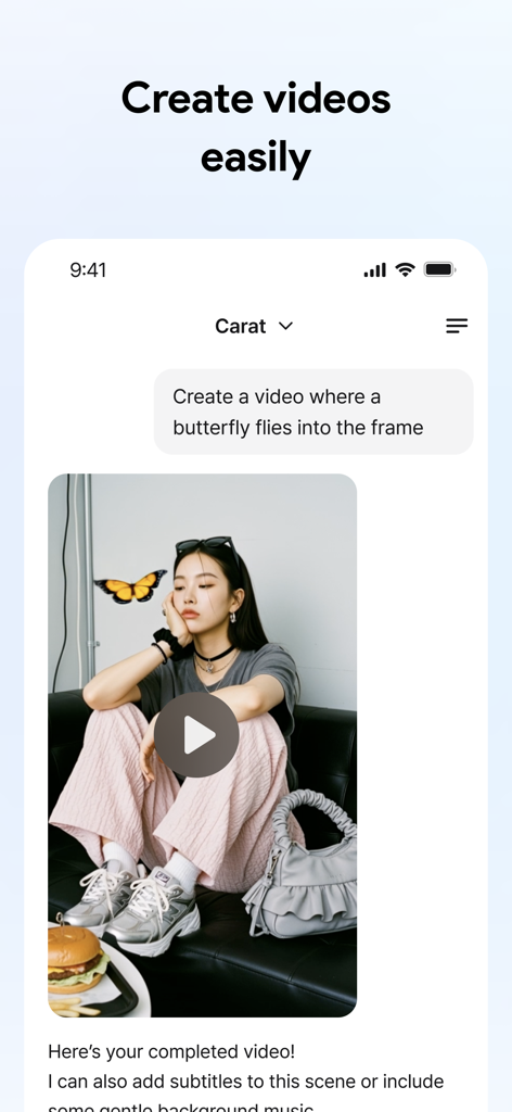 A chat interface in the Carat app showing a text prompt to create a video and the resulting AI generated video preview