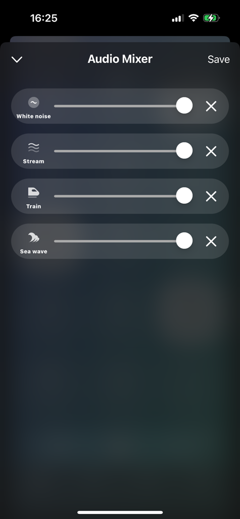 Lull - White Noise For Sleep - Schermata del mixer audio dell'app Lull con cursori di volume per flussi di rumore bianco, treno e onde del mare.