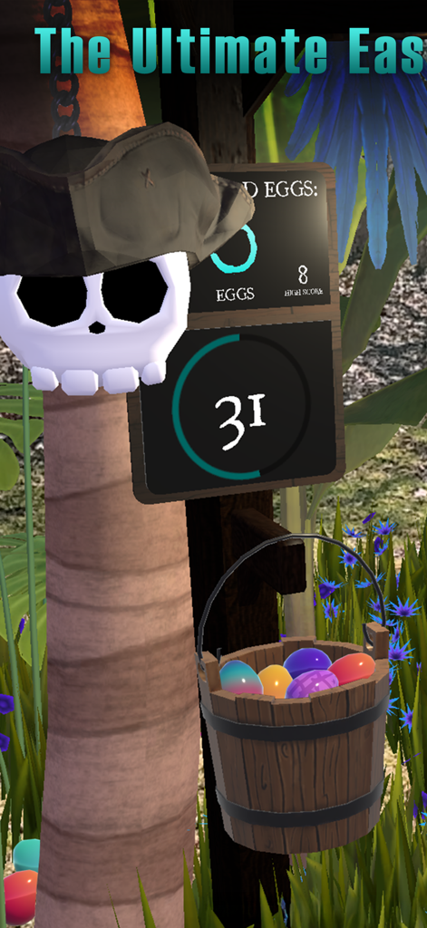 In-game view of Egg Hunt XR showing a pirate skull and a wooden bucket filled with colorful Easter eggs in a tropical setting