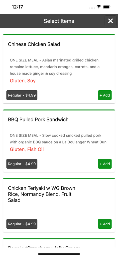 SchoolBitez - The SchoolBitez app interface displaying various school lunch menu items such as Chinese Chicken Salad and BBQ Pulled Pork Sandwich with prices and allergen alerts.