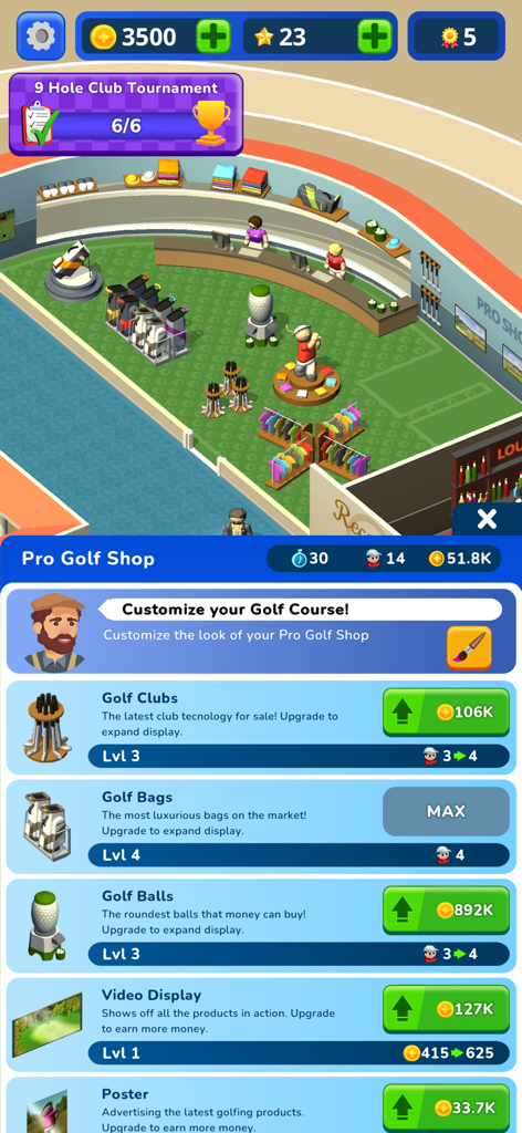 Idle Golf Club Manager Tycoon - Isometric view and upgrade menu of the pro golf shop in Idle Golf Club Manager Tycoon