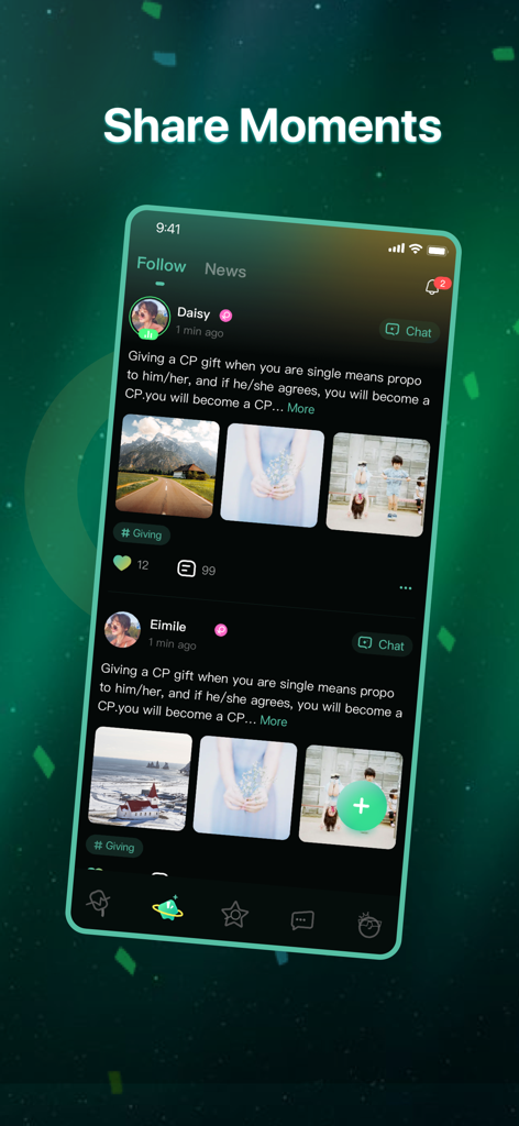 Ditto KSA app interface showing a social feed titled Share Moments with user posts and photos