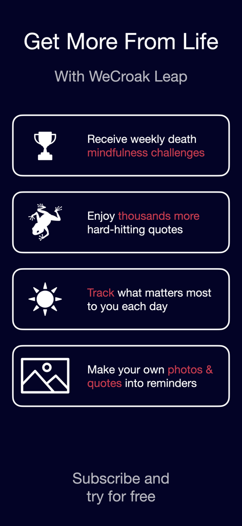 WeCroak - A list of features for the WeCroak Leap subscription including mindfulness challenges, quotes, and daily tracking.