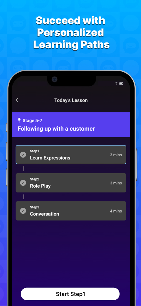 Speak English with Talkful AI - Talkful AI app interface displaying a structured English learning path for professional scenarios with steps for expressions, role play, and conversation.