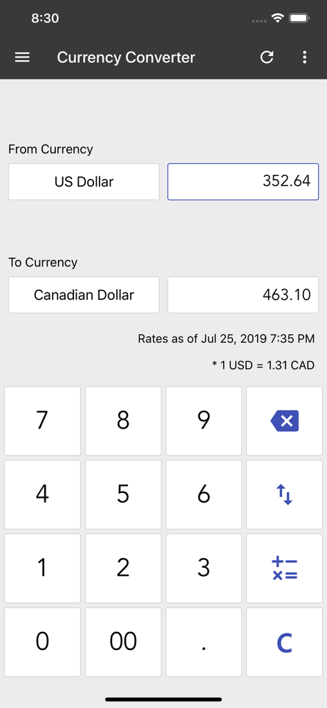 ClevCalc - Calculator - Interface da aplicação ClevCalc mostrando a funcionalidade de conversor de moedas com conversão de USD para CAD e um teclado numérico