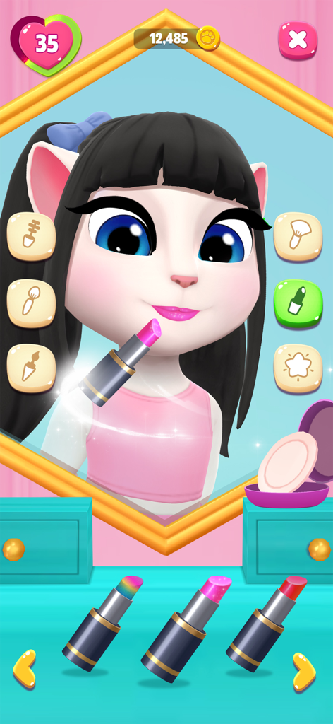 Angela the cat character applying pink lipstick in a virtual makeup studio.