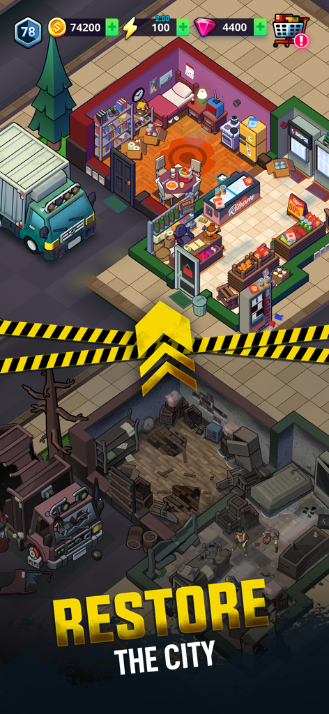 A comparison showing a ruined room with zombies being transformed into a clean restored shop in Merge 2 Survive