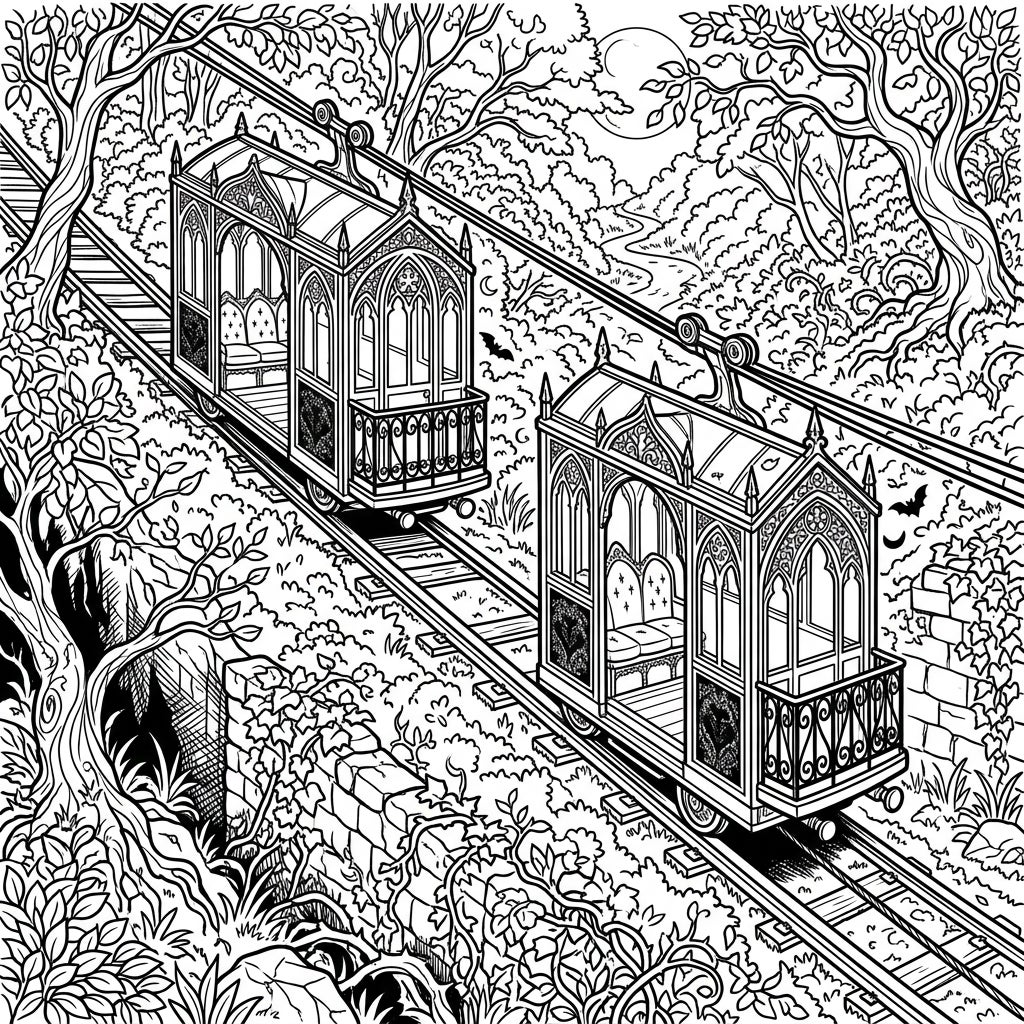 Gothic Funicular Summer Coloring Page | Mysterious Ascent — Color Pop