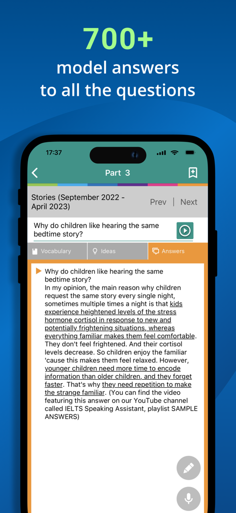 IELTS Speaking Assistant - パート3の試験問題に対する詳細な解答例を表示しているIELTS Speaking Assistantアプリのインターフェース。