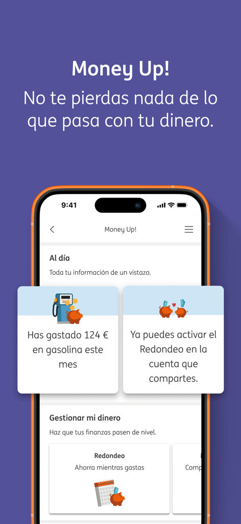 Tela do aplicativo móvel ING Money Up mostrando um resumo de despesas mensais e opção de economias de arredondamento automático.