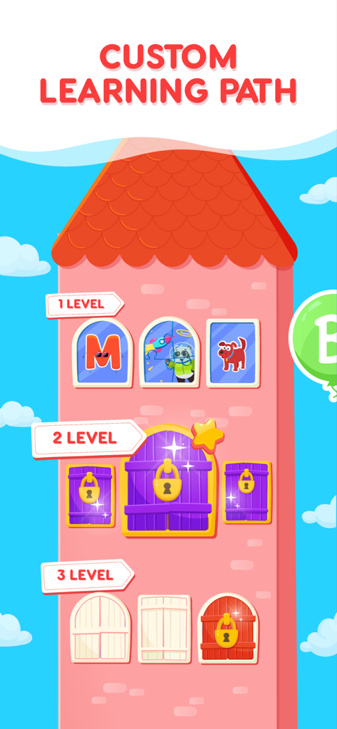 Speech Therapy - Mio For Kids - The custom learning path screen in the Mio For Kids app showing three levels of educational exercises in a pink castle tower