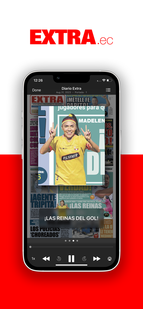Interfaz de la aplicación de noticias Diario Extra con un reproductor de audio que presenta un artículo de noticias de fútbol ecuatoriano.