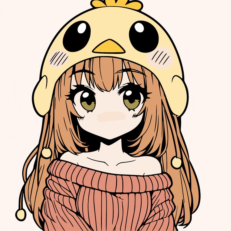 anime girl with chick shaped hat with sweater with bare shoulders with bangs covering them one eye with low tail