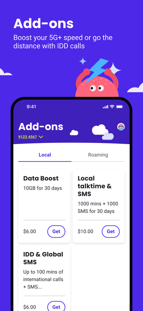 The GOMO by Singtel app screen displaying local add-on options for data boosts and global calls.