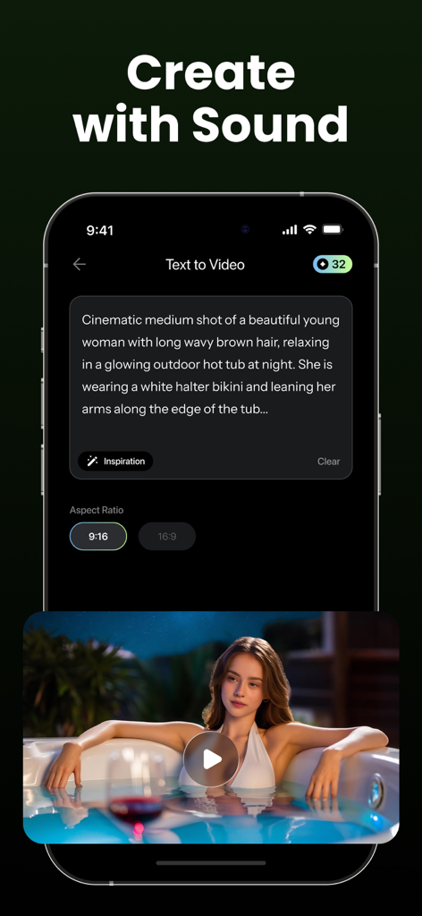 AI Photo to Video - Daziro - A smartphone screen showing the Daziro app's text to video feature with a cinematic prompt and a generated video preview of a woman in a hot tub.