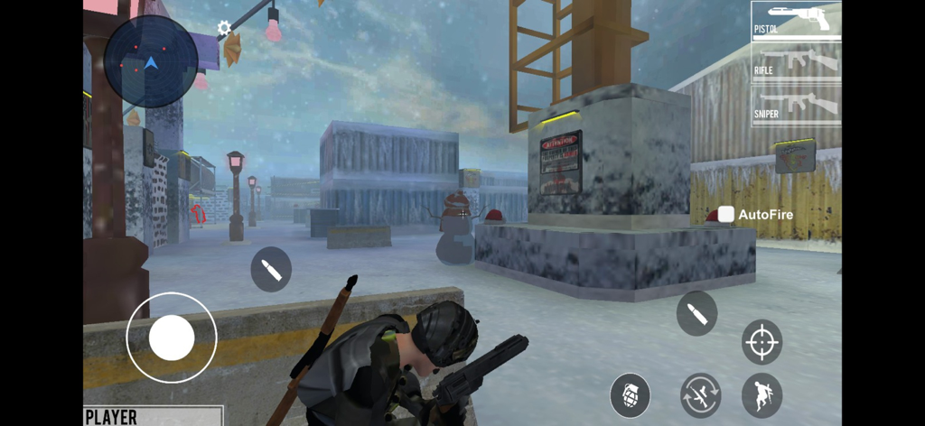 Cover Fire: Strike Force - Third person shooter gameplay in a snowy industrial level with mobile controls