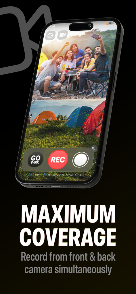 Lookout Dual Camera Recorder - iPhone screen showing Lookout app recording from front and back cameras simultaneously with GPS and speed overlays